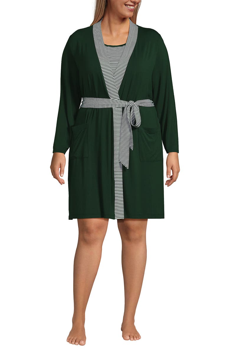 Lands' End Cooling 3 Piece Pajama Set - Robe Tank and Shorts, Alternate, color, Pine Valley Mini Stripe