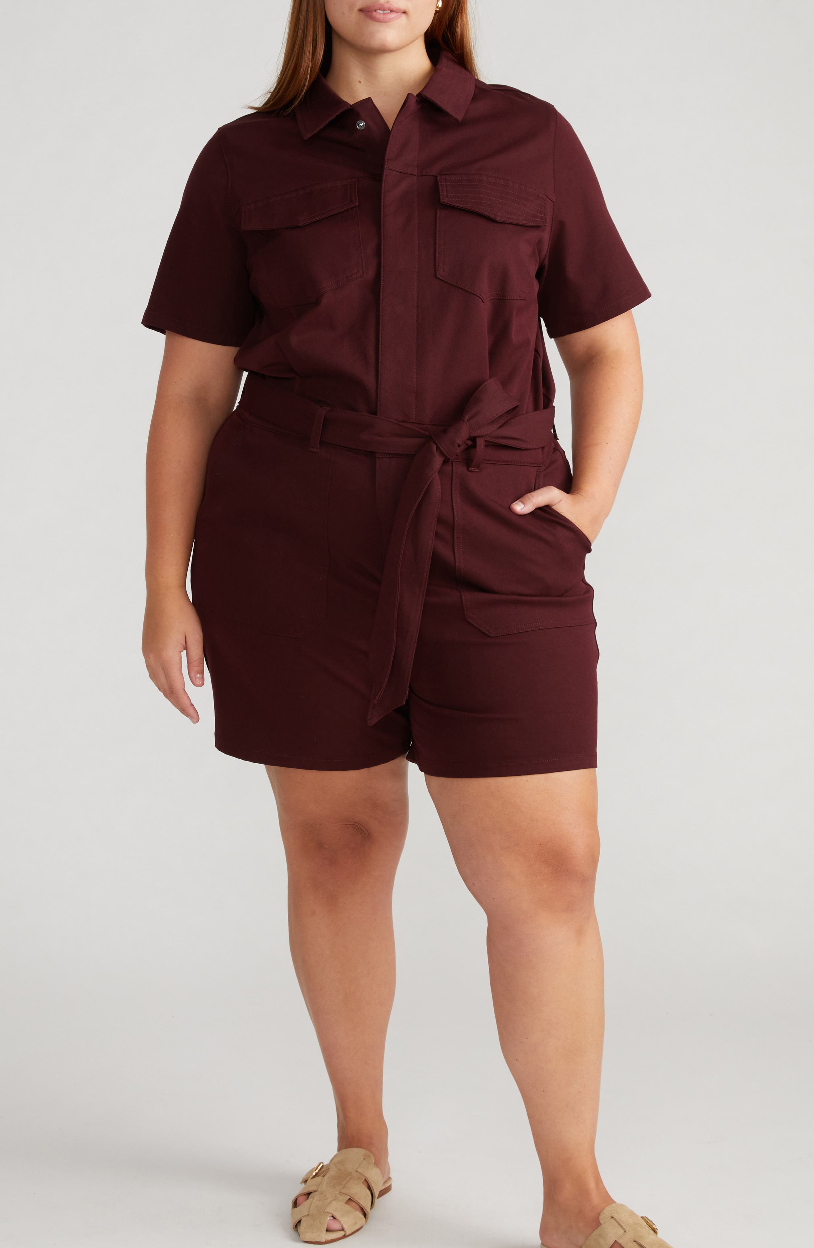 Universal Standard Tie Belt Stretch Twill Romper in Black Cherry 
