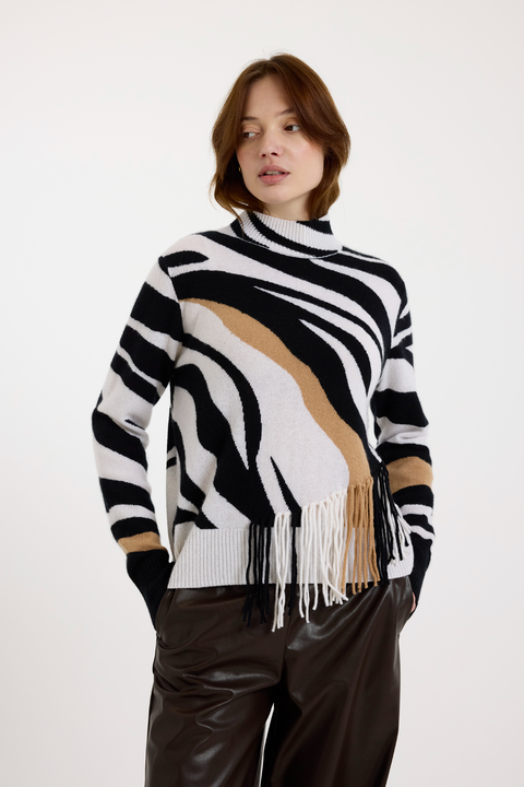 Zebra Fringe 100% Cashmere Sweater