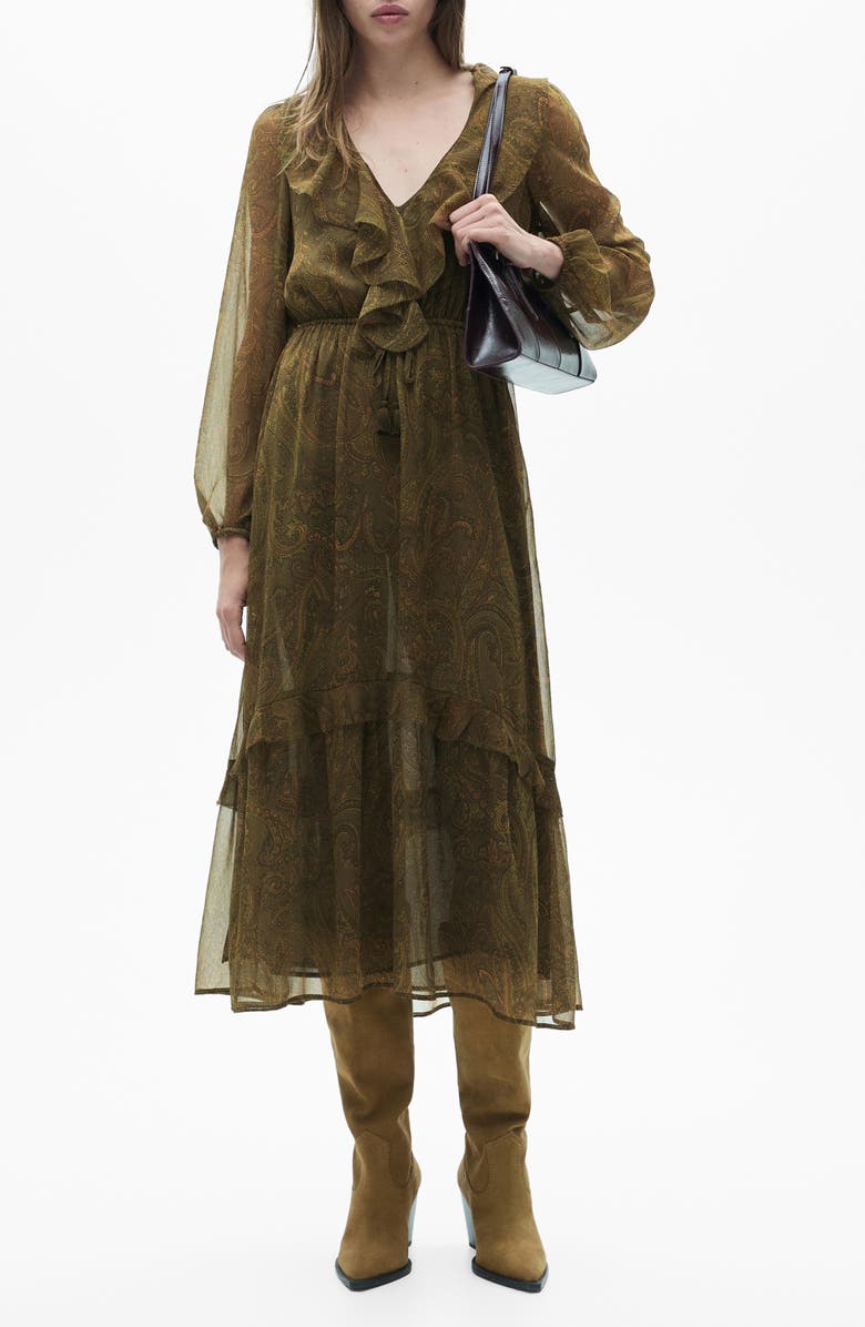 MANGO Paisley Print Ruffle Long Sleeve Maxi Dress, Main, color,