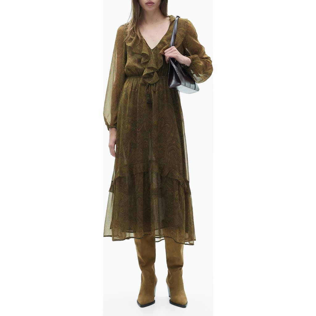 MANGO MANGO PAISLEY PRINT RUFFLE LONG SLEEVE MAXI DRESS