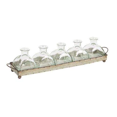 Decorative Rectangular Metal Tray with Handles and 5-Piece Glass Vases, Distressed Grey