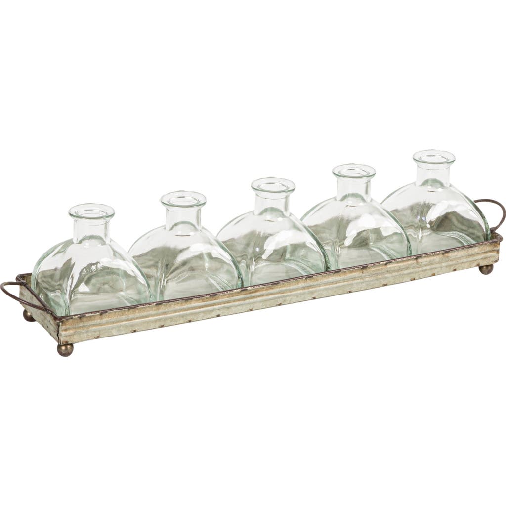 Storied Home Decorative Rectangular Metal Tray With Handles And 5-piece Glass Vases, Distressed Grey In Gray