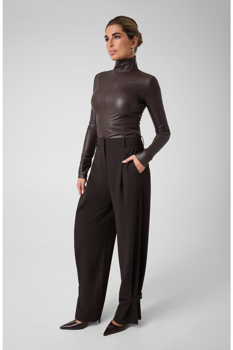 Mock Neck Faux Leather Top, Alternate, color, CHOCO ESPRESSO