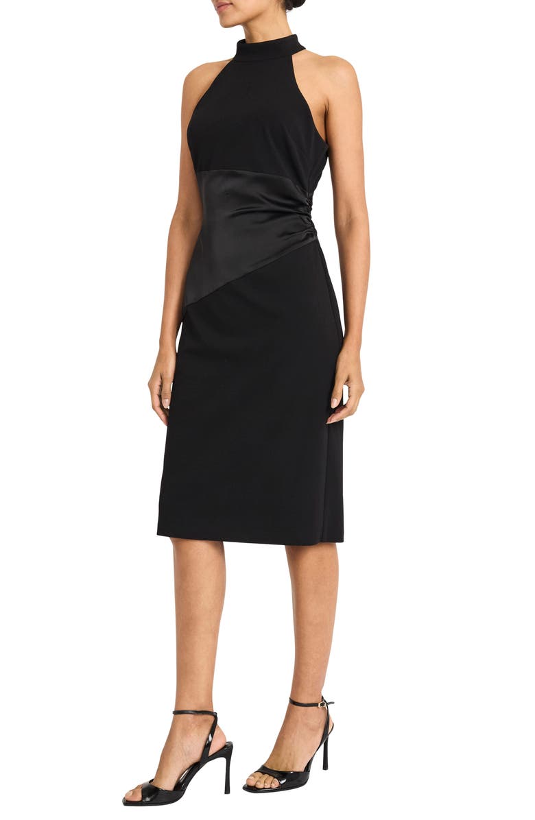 Maggy London High Neck Mixed Media Cocktail Sheath Dress, Alternate, color, Black