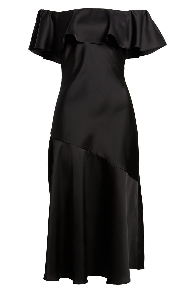 Off the Shoulder A-Line Satin Midi, Alternate, color, BLACK