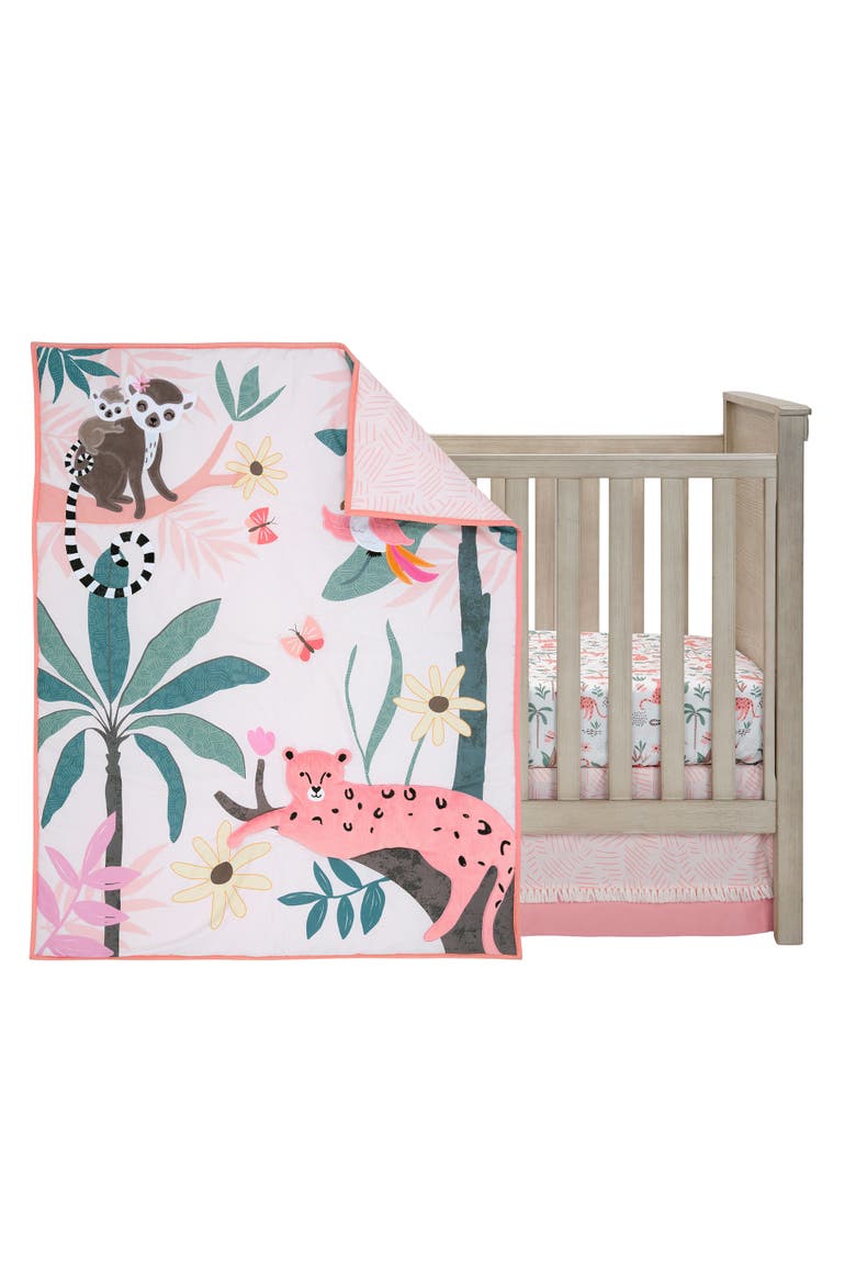 Enchanted Safari Leopard/Lemur Jungle 3-Piece Baby Crib Bedding Set, Main, color, Coral