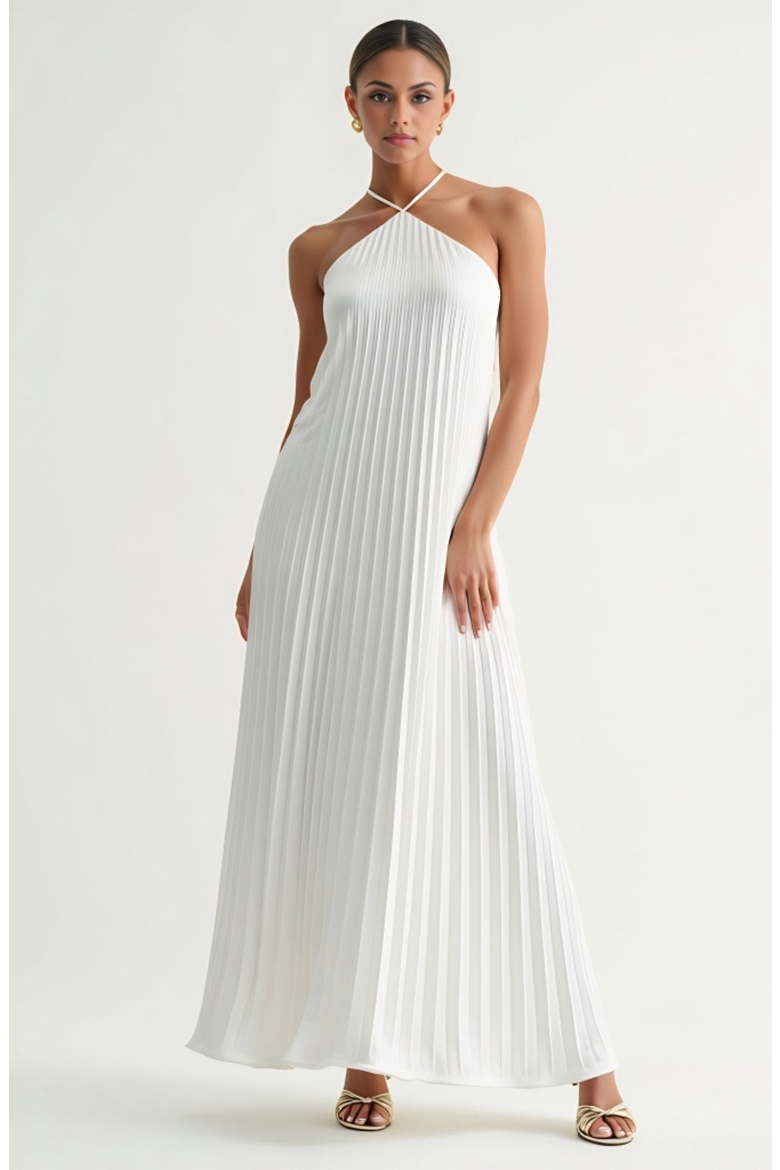 Backless Pleated Crisscross-Strap Maxi Dress, Alternate, color, White