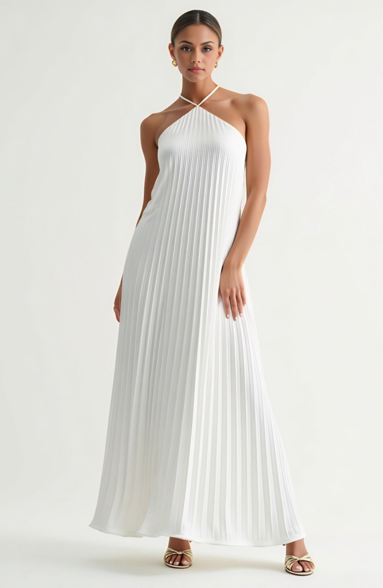 Modenaire Backless Pleated Crisscross-Strap Maxi Dress, Alternate, color, 