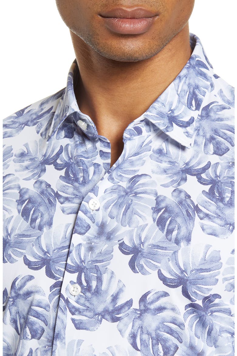 Robb Slim Fit Palm Print Short Sleeve Button-Up Performance Shirt, Alternate, color, NAVY