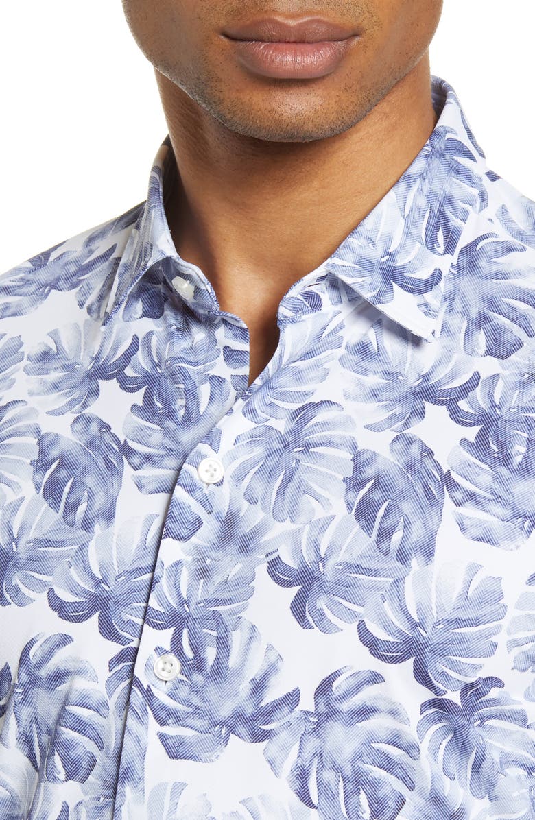 BOSS Robb Slim Fit Palm Print Short Sleeve Button-Up Performance Shirt, Alternate, color,