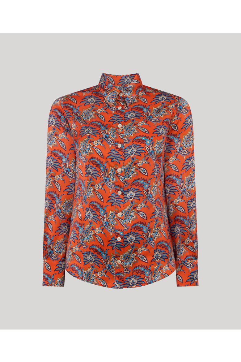 Sidney Liberty Silk Satin Fitted Shirt, Main, color, Fiery Red Orange Paisley