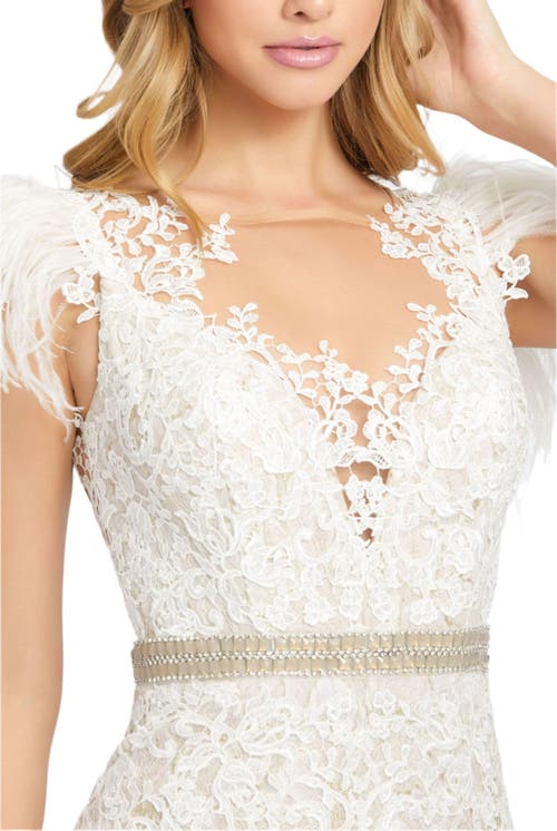 Mac Duggal Illusion Sequin Lace Feather Sleeve Mermaid Gown In Ivory Nude