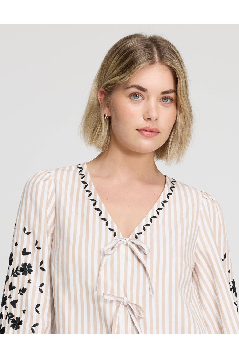 Karlee Cotton Embroidered Tie Front Top, Alternate, color, Neutral Stripe