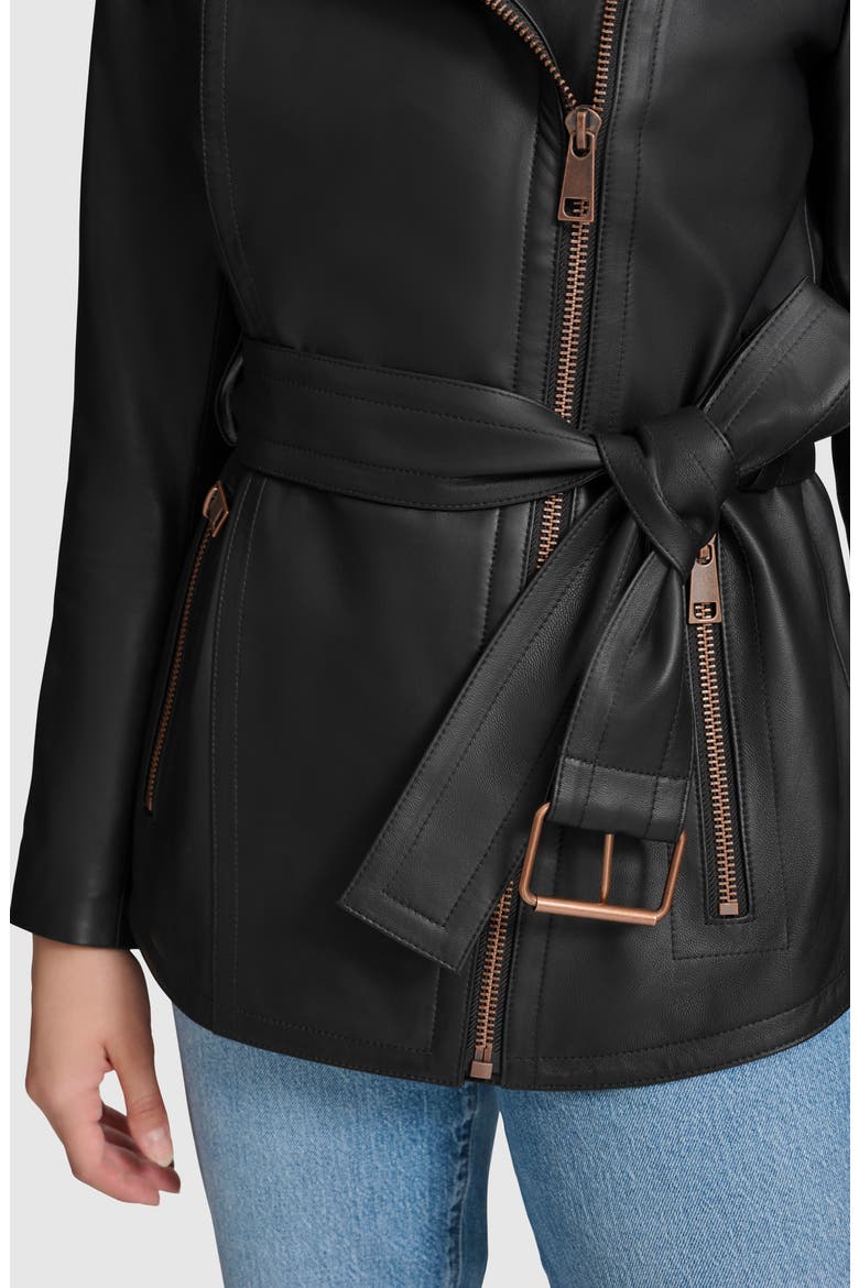 Delphine Belted Leather Jacket, Alternate, color, BLACK
