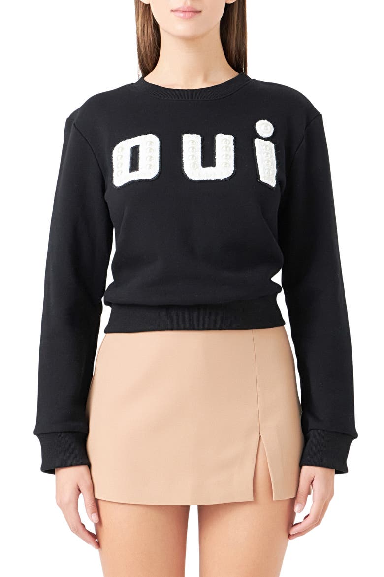 Oui Imitiation Pearl Embellished Cotton Sweatshirt, Main, color, BLACK