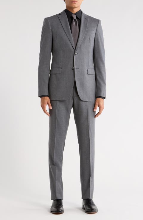 Grey Solid Two-Button Notch Lapel Wool Blend Suit (Short, Regular & Long)