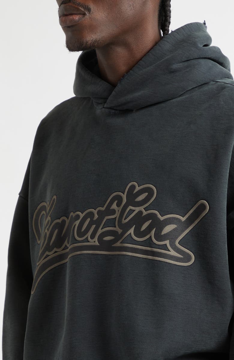 Fear of God Classic Fit Logo Graphic Hoodie, Alternate, color, Black
