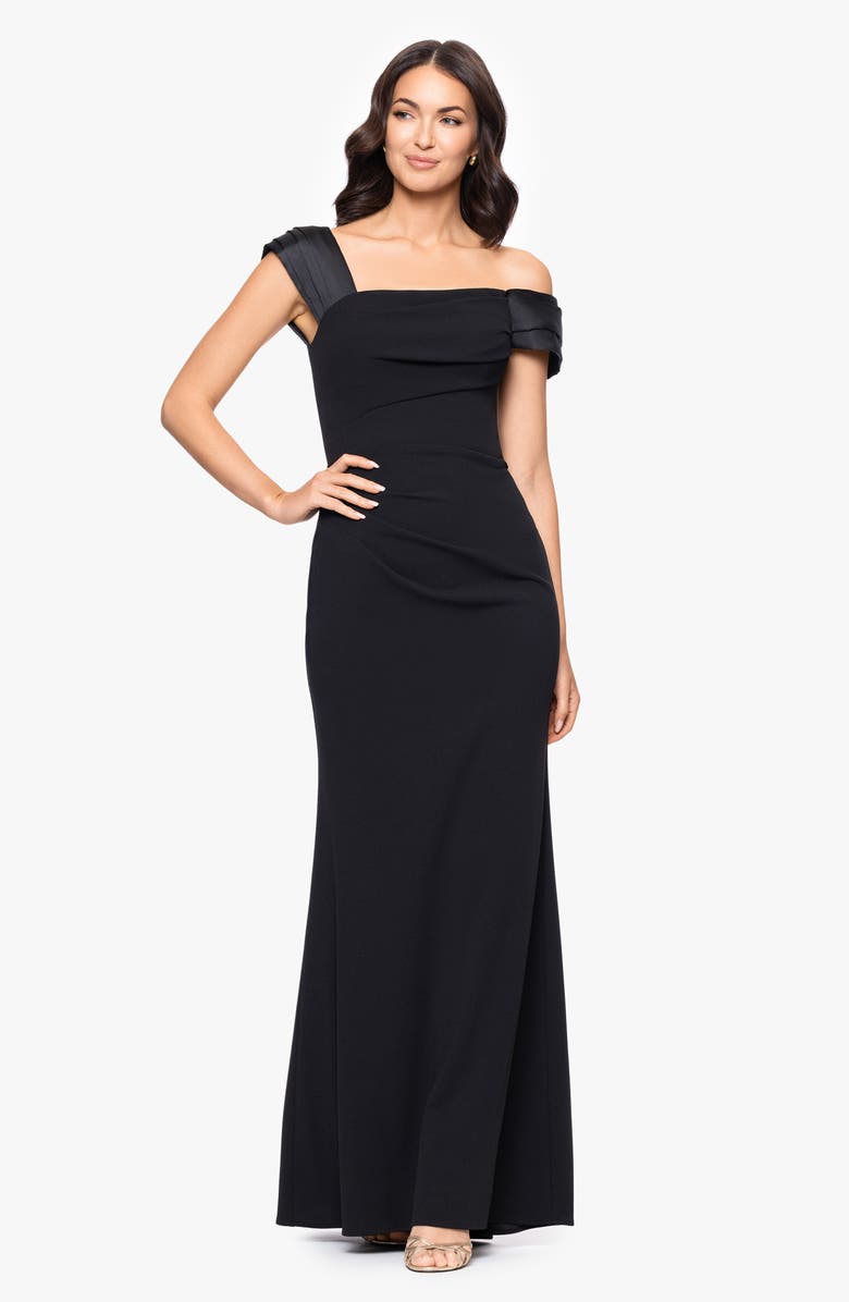 Betsy & Adam Ruched Off the Shoulder Scuba Column Gown, Alternate, color, Black