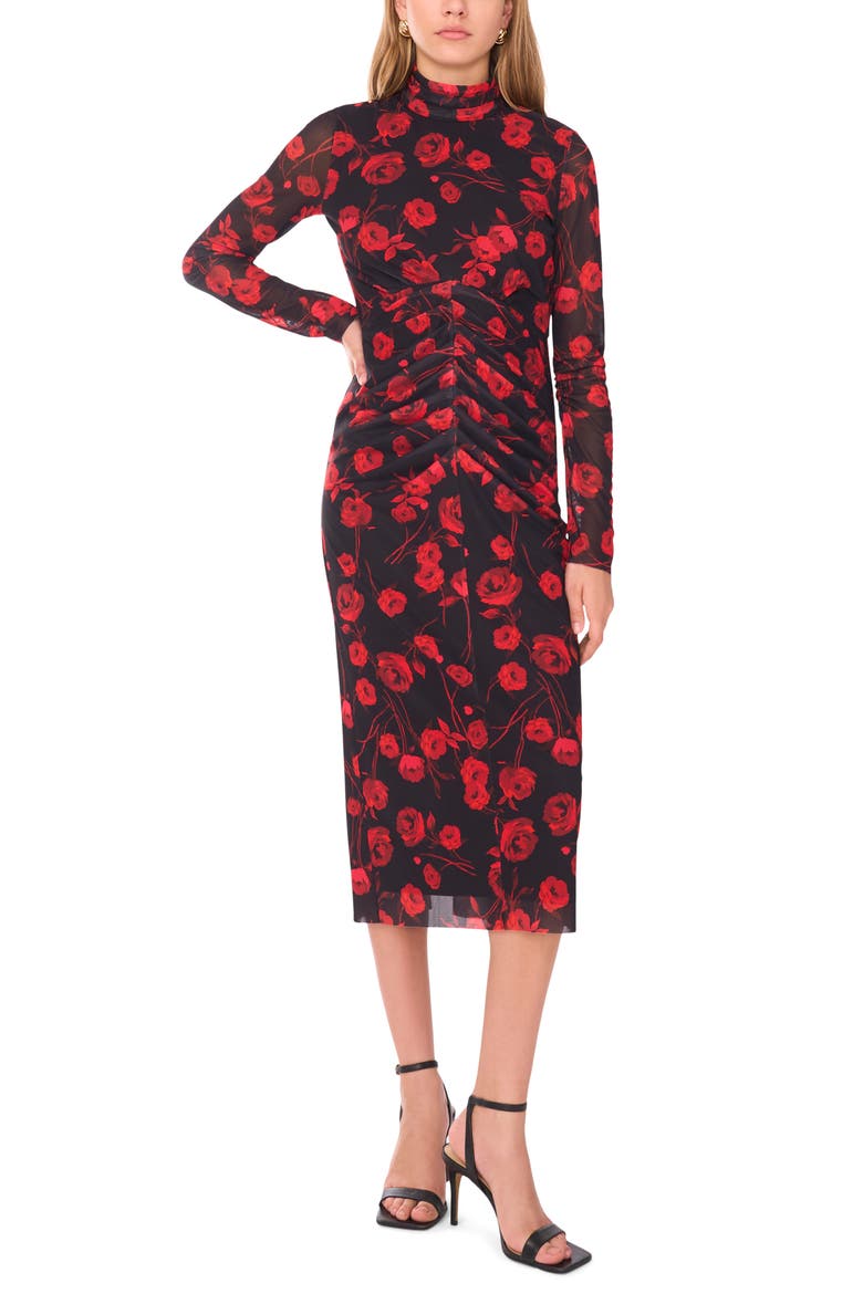 Print Long Sleeve Mesh Midi Dress, Main, color, RICH BLACK