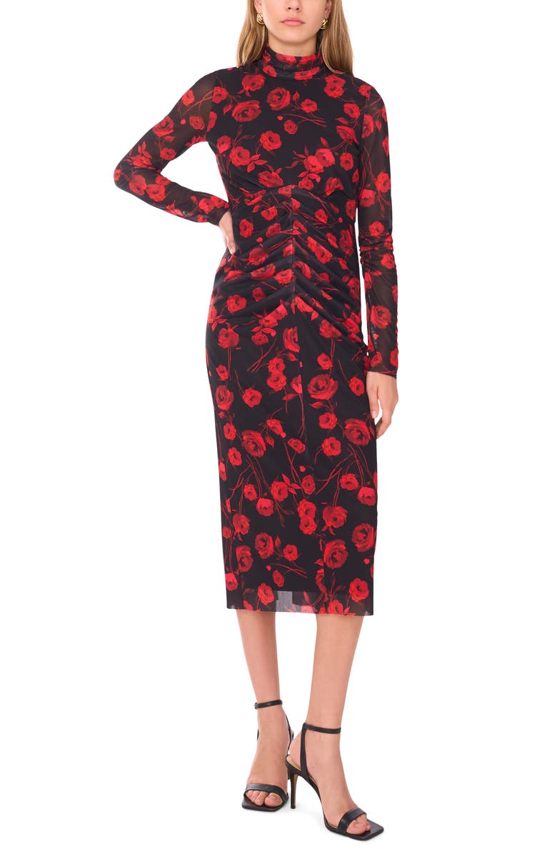 1.STATE Print Long Sleeve Mesh Midi Dress, Main, color, Rich Black