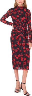 1.STATE Print Long Sleeve Mesh Midi Dress