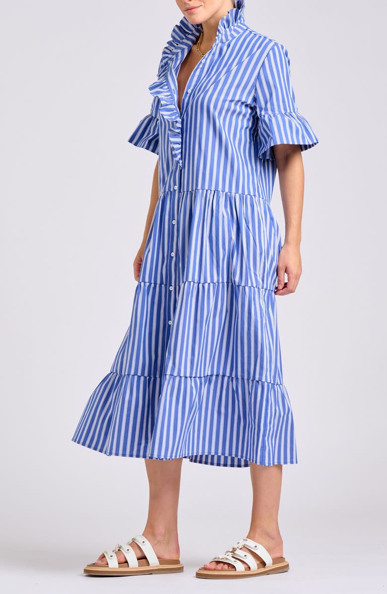 SHIRTY Stripe Ruffle Midi Shirtdress, Alternate, color, Azure W/ Whiite Ticking