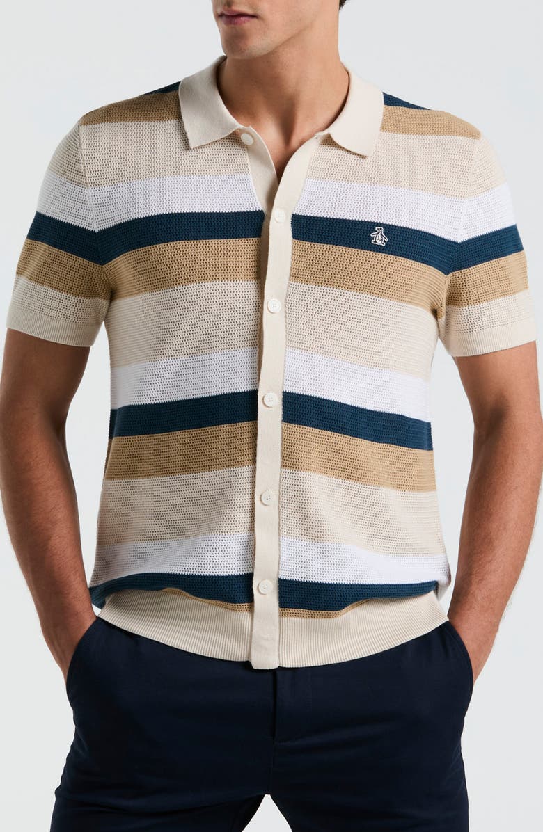 Original Penguin Mesh Stripe Short Sleeve Cardigan, Main, color, Birch