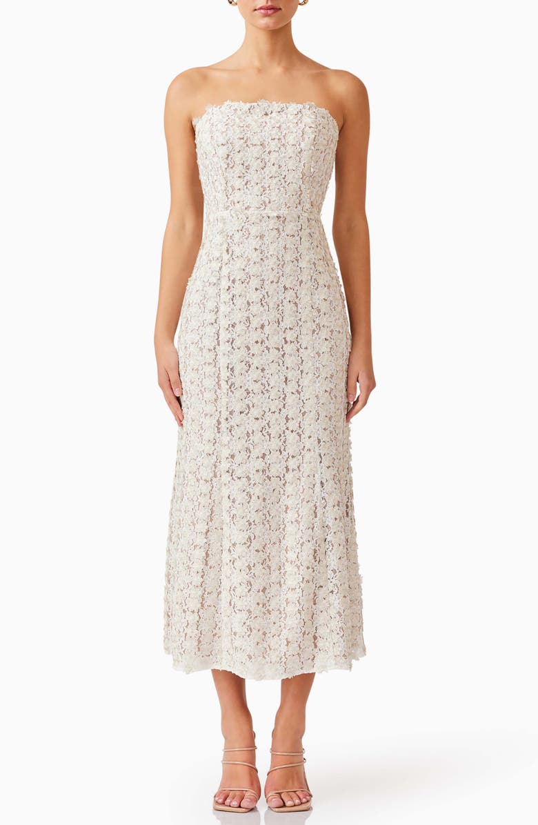 Elliatt Cali Strapless Lace Midi Dress, Main, color, Ivorygold