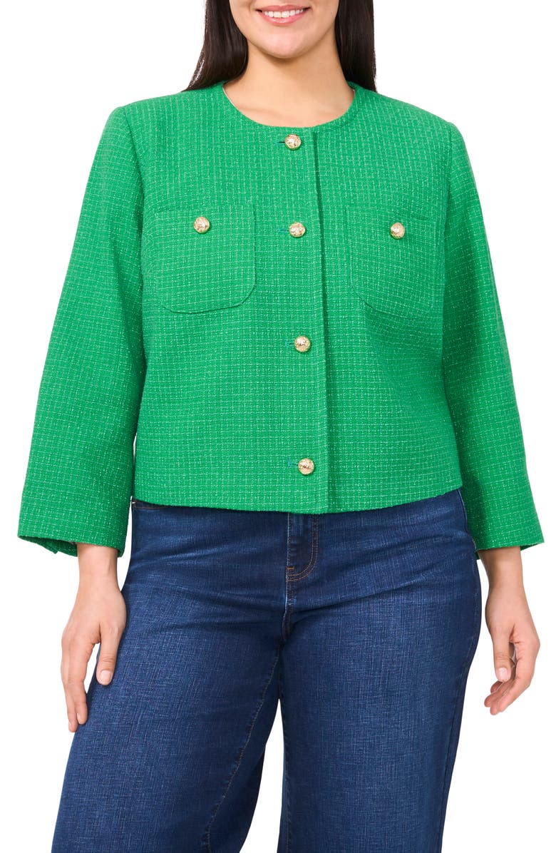 CeCe Collarless Tweed Jacket, Main, color, Medium Green