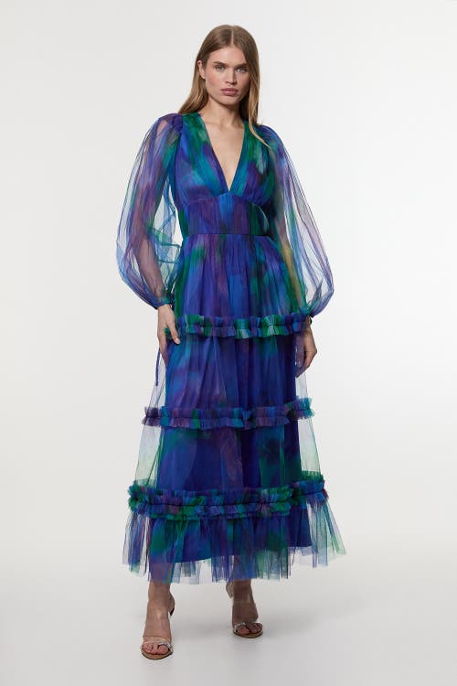 Karen Millen Dark Floral Plunge Maxi Dress In Blue
