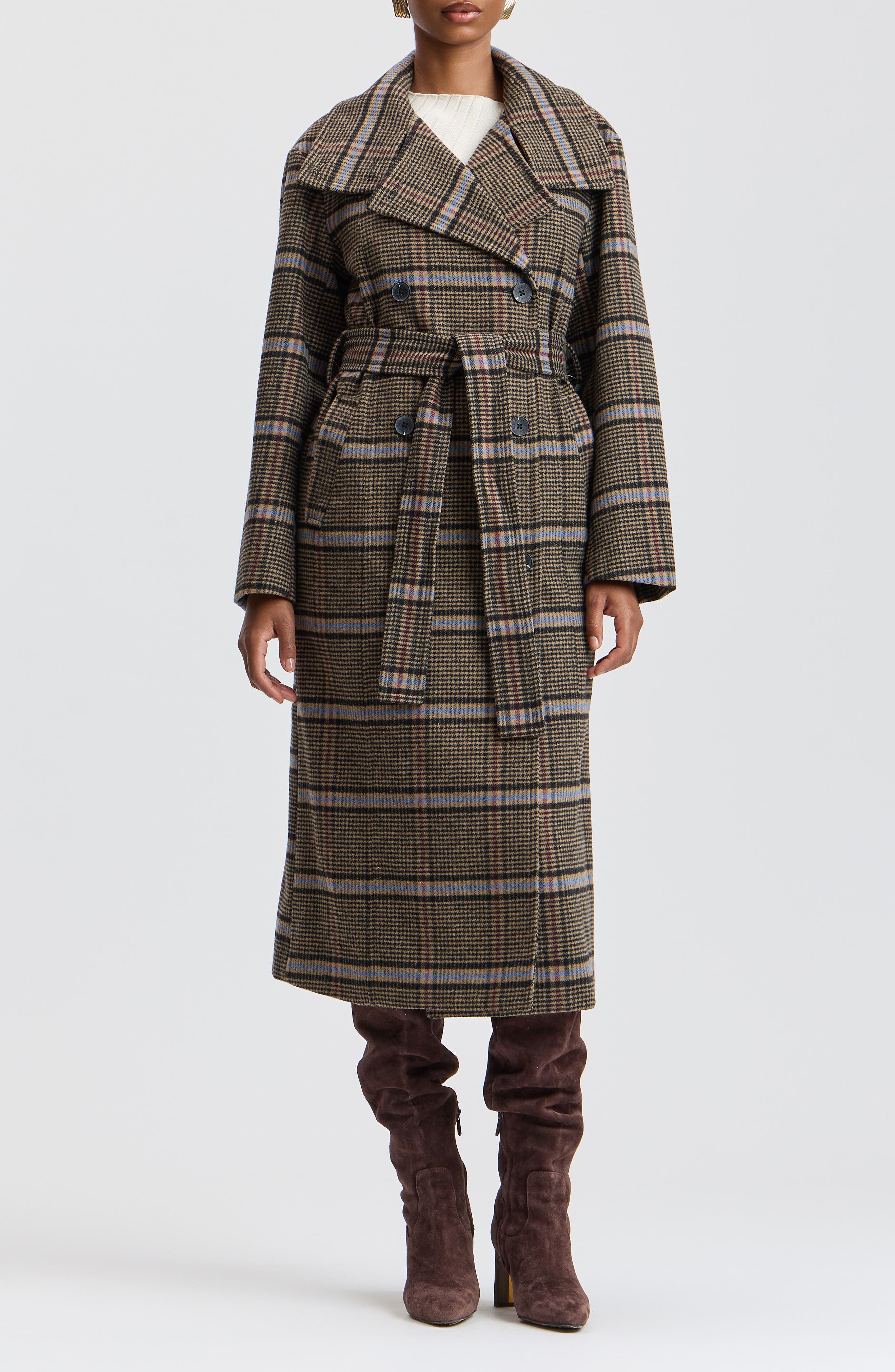 Funnel Neck Plaid Long Coat