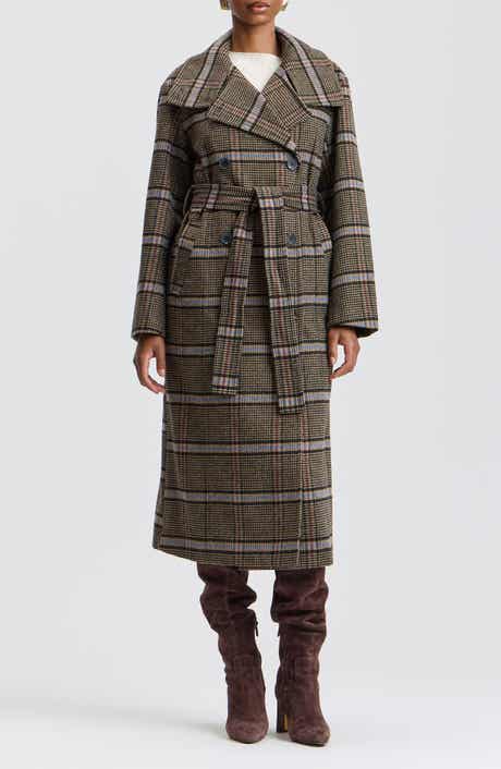 Funnel Neck Plaid Long Coat