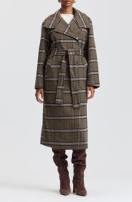 Avec Les Filles Funnel Neck Plaid Long Coat