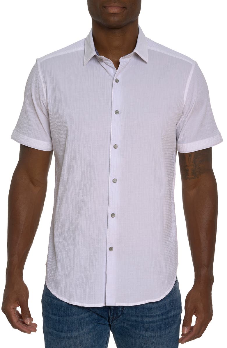 Robert Graham Shark Bite Short Sleeve Stretch Cotton Seersucker Button-Up Shirt, Main, color,
