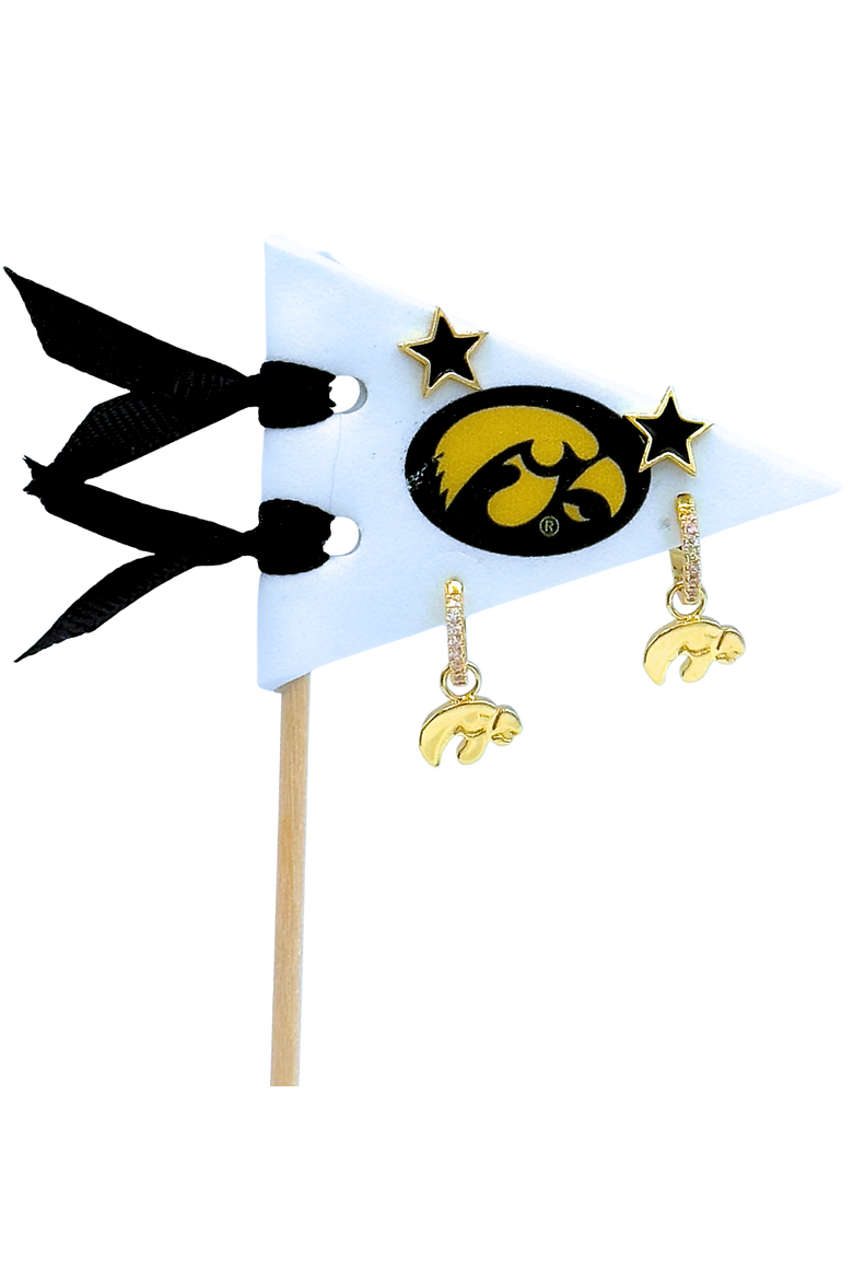University Of Iowa Pennant Pair Earring Set, Main, color, Yellow Gold