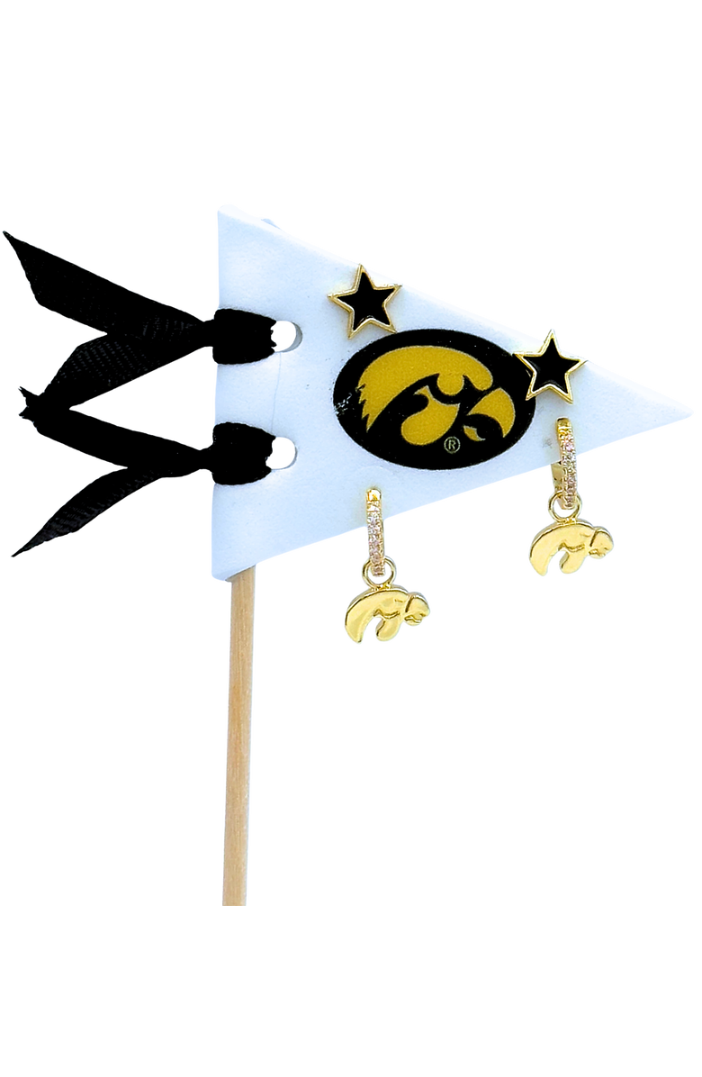 Color Shout University Of Iowa Pennant Pair Earring Set, Main, color, Yellow Gold