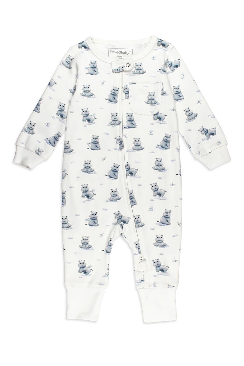 Hippo Print Organic Cotton Zip Romper, Main, color, BABY HIPPO