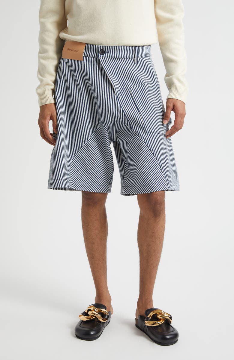 JW Anderson Twisted Workwear Stripe Shorts, Main, color, Off White/ Navy