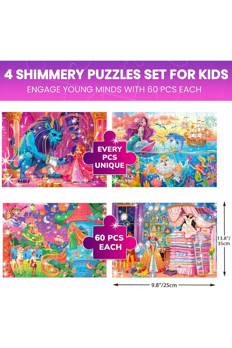 4x60 Pcs Glitter Effect Kids Jigsaw Puzzles, Alternate, color, Glitter princesses