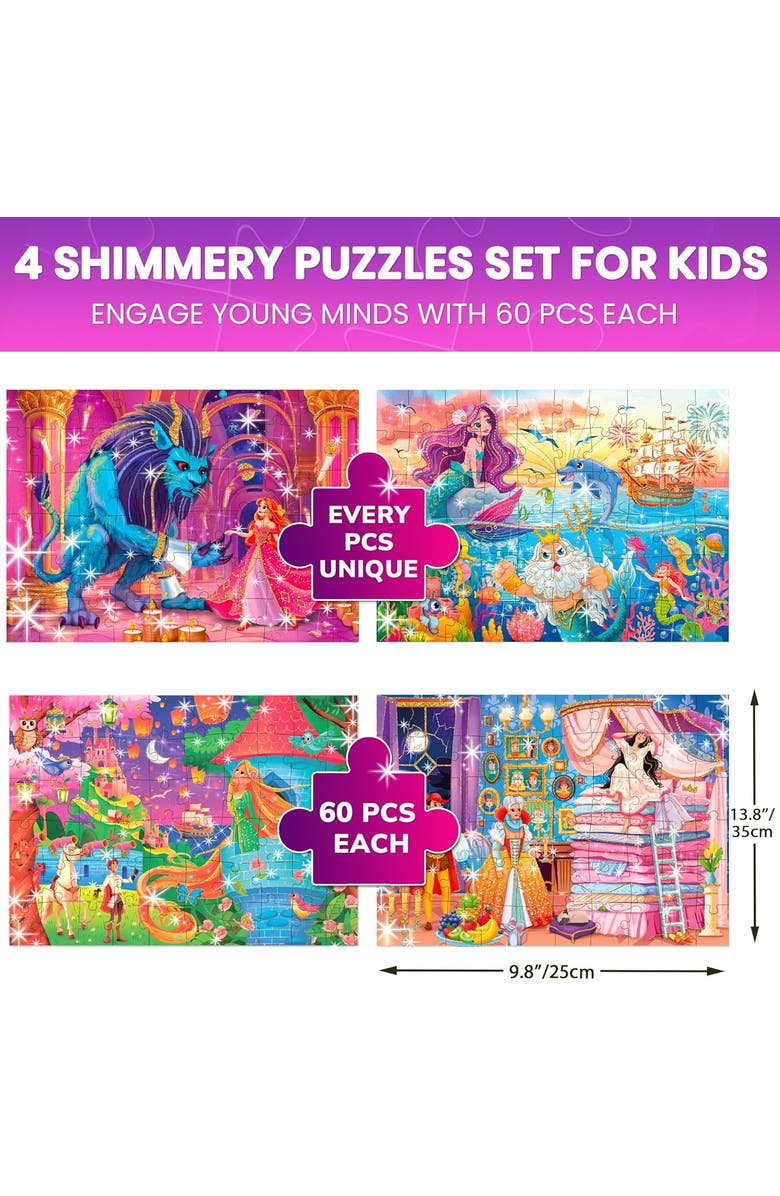 Quokka 4x60 Pcs Glitter Effect Puzzles for Kids, Alternate, color, Glitter Princesses
