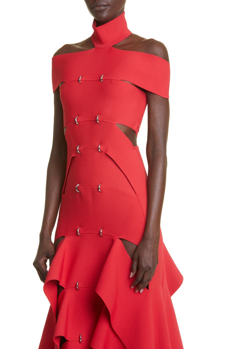 McQueen Slashed Ring Detail Off the Shoulder Dress, Alternate, color, 