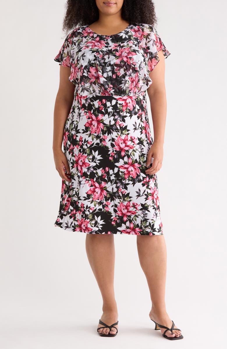Connected Apparel Floral Overlay A-Line Dress, Main, color, Rose