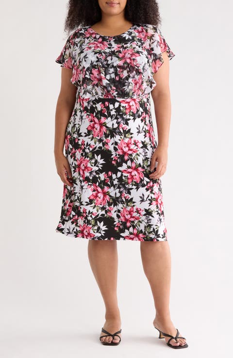Floral Overlay A-Line Dress (Plus)