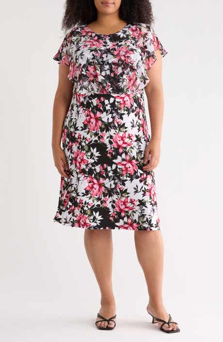 Connected Apparel Floral Overlay A-Line Dress