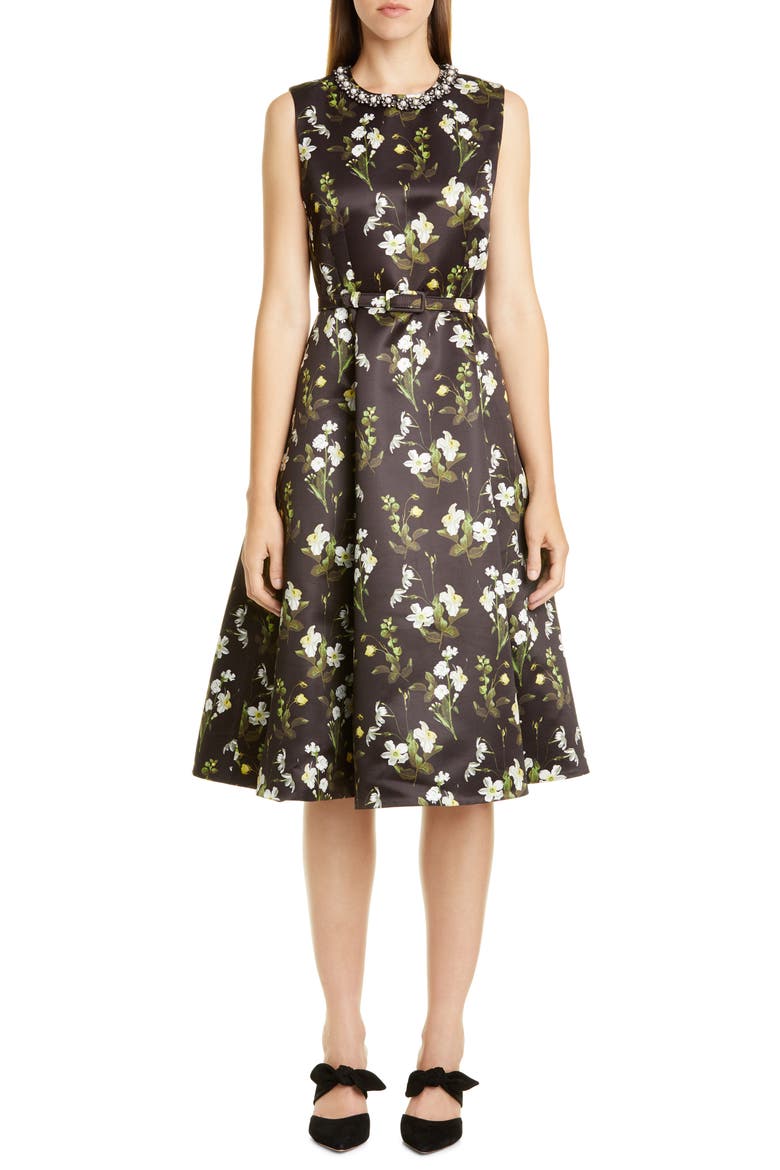 Daffodil Print Mikado A-Line Dress, Main, color, BLACK / WHITE