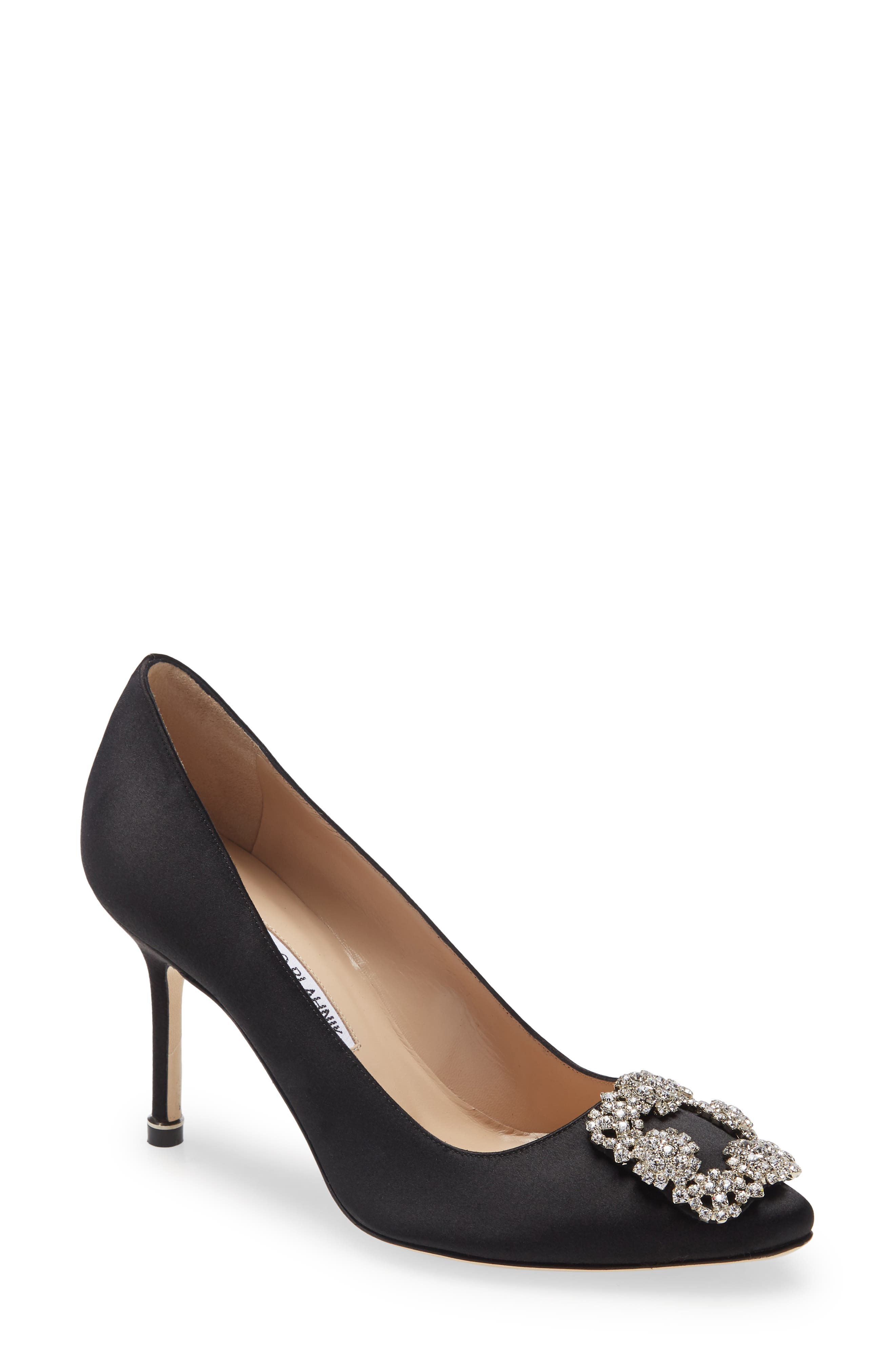 Manolo Blahnik Hangisi Crystal Buckle Pump, Main, color, Black Satin/ Clear Buckle