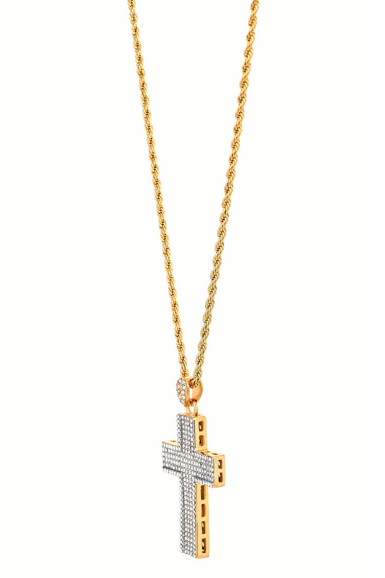 Men's Two-Tone Stainless Steel Pavé Cubic Zirconia Cross Pendant Necklace, Alternate, color, GOLD/ SILVER