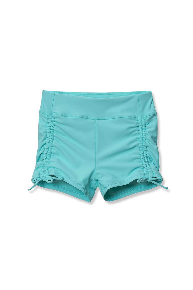 Girls Chlorine Resistant Ruched Swim Boyshort, Main, color, Aruba Blue
