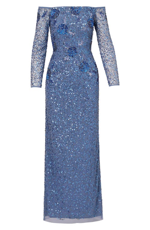 ADRIANNA PAPELL ADRIANNA PAPELL BEADED OFF THE SHOULDER LONG SLEEVE MESH COLUMN GOWN